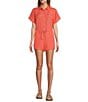 Color:Coral - Image 1 - Point Collar Short Sleeve Button Front Romper