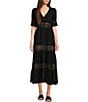 Color:Black - Image 1 - Short Sleeve V-Neck Crochet Tiered Maxi Dress