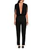 ELAN V-Neck Stretch Draped Front Short Sleeve Jumpsuit, Color:Black - Image 2