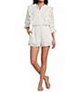 ELAN Woven Ruffle Round Neck 3/4 Sleeve Button Front Romper - Image 1