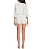 ELAN Woven Ruffle Round Neck 3/4 Sleeve Button Front Romper - Image 2