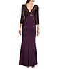 Color:Plum - Image 2 - 3/4 Sleeve Boat Neck Sequin Side Ruffle V-Back A-Line Gown
