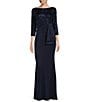 Color:Navy - Image 1 - 3/4 Sleeve Boat Neck Sequin Side Ruffle V-Back A-Line Gown