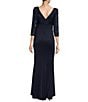 Color:Navy - Image 2 - 3/4 Sleeve Boat Neck Sequin Side Ruffle V-Back A-Line Gown