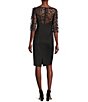Color:Black - Image 2 - 3/4 Sleeve Illusion Boat Neck 3D Floral Sheath Dress