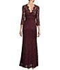 Color:Mulberry - Image 2 - 3/4 Scalloped Illusion Sleeve Sleeve Mock Neck Floral Lace Sheath Gown