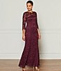 Color:Mulberry - Image 6 - 3/4 Scalloped Illusion Sleeve Sleeve Mock Neck Floral Lace Sheath Gown