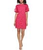 Color:Hot Pink - Image 1 - 3D Floral Boat Neck Short Puff Sleeve Mini Dress