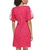 Color:Hot Pink - Image 2 - 3D Floral Boat Neck Short Puff Sleeve Mini Dress
