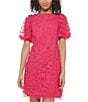 Color:Hot Pink - Image 3 - 3D Floral Boat Neck Short Puff Sleeve Mini Dress