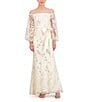 Color:Champagne - Image 1 - 3D Floral Off The Shoulder Long Sleeve Tie Waist Gown