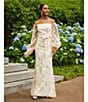 Color:Champagne - Image 4 - 3D Floral Off The Shoulder Long Sleeve Tie Waist Gown