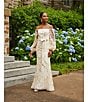 Color:Champagne - Image 5 - 3D Floral Off The Shoulder Long Sleeve Tie Waist Gown