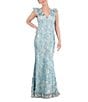 Color:Sage - Image 1 - 3D Floral V-Neck Ruffle Cap Sleeve Gown
