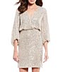 Color:Silver - Image 3 - Allover Sequin Surplice V-Neck 3/4 Sleeve Blouson Dress