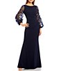 Color:Navy - Image 1 - Balloon 3/4 Floral Applique Sleeve Sheath Round Neck Gown