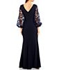 Color:Navy - Image 2 - Balloon 3/4 Floral Applique Sleeve Sheath Round Neck Gown