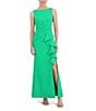 Color:Green - Image 1 - Ruffle Front Pleat Waist Front Slit Boat Neck Sleeveless Sheath Gown