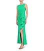 Color:Green - Image 3 - Ruffle Front Pleat Waist Front Slit Boat Neck Sleeveless Sheath Gown