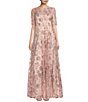 Color:Blush - Image 1 - Boat Neck Short Sleeve Sequin Embroidered Mesh A-Line Gown