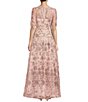 Color:Blush - Image 2 - Boat Neck Short Sleeve Sequin Embroidered Mesh A-Line Gown