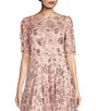 Color:Blush - Image 3 - Boat Neck Short Sleeve Sequin Embroidered Mesh A-Line Gown