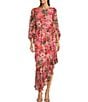 Color:Rose - Image 1 - Chiffon Clip Dot Boat Neck 3/4 Puff Sleeve Asymmetrical Ruffle Hem Midi Dress