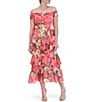Color:Coral - Image 1 - Chiffon Floral Print Off The Shoulder Cap Sleeve Tiered Tie Waist Midi Dress