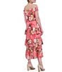 Color:Coral - Image 2 - Chiffon Floral Print Off The Shoulder Cap Sleeve Tiered Tie Waist Midi Dress