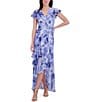 Eliza J Chiffon Floral Print V Neck Short Sleeve Ruffle Waist Tie A-Line Maxi Dress, Color:Periwinkle - Image 1