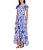 Eliza J Chiffon Floral Print V Neck Short Sleeve Ruffle Waist Tie A-Line Maxi Dress, Color:Periwinkle - Image 3