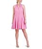 Color:Pink - Image 1 - Embroidered Cotton Split V Halter Neck Sleeveless Tie Waist Button Front Mini Shirtdress