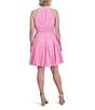 Color:Pink - Image 2 - Embroidered Cotton Split V Halter Neck Sleeveless Tie Waist Button Front Mini Shirtdress