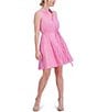 Color:Pink - Image 5 - Embroidered Cotton Split V Halter Neck Sleeveless Tie Waist Button Front Mini Shirtdress