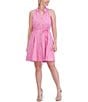 Color:Pink - Image 6 - Embroidered Cotton Split V Halter Neck Sleeveless Tie Waist Button Front Mini Shirtdress