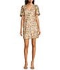Eliza J Embroidered V-Neck Short Puff Sleeve Fit and Flare Dress, Color:Multi - Image 1