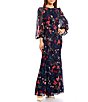 Color:Navy Floral - Image 1 - Floral Print Chiffon Crew Neck Long Blouson Sleeve Maxi Dress