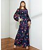 Color:Navy Floral - Image 5 - Floral Print Chiffon Crew Neck Long Blouson Sleeve Maxi Dress