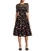 Color:Black Magenta - Image 1 - Floral Embroidered Lace Illusion Boat Neck Short Sleeve Fit and Flare Midi Dress
