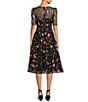 Color:Black Magenta - Image 2 - Floral Embroidered Lace Illusion Boat Neck Short Sleeve Fit and Flare Midi Dress