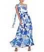 Color:Blue - Image 1 - Floral One Shoulder Bow Tie Sleeveless Gown