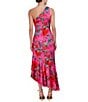 Color:Hot Pink - Image 2 - Floral One Shoulder Sleeveless Asymmetrical Ruffle Hem Dress