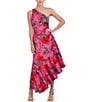 Color:Hot Pink - Image 4 - Floral One Shoulder Sleeveless Asymmetrical Ruffle Hem Dress