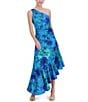 Color:Turquoise - Image 5 - Floral One Shoulder Sleeveless Asymmetrical Ruffle Hem Dress