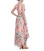 Color:Coral Multi - Image 2 - Floral Print Chiffon Halter Neck Sleeveless Keyhole Back High-Low Fit and Flare Dress