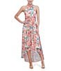 Color:Coral Multi - Image 4 - Floral Print Chiffon Halter Neck Sleeveless Keyhole Back High-Low Fit and Flare Dress