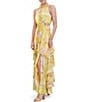 Color:Yellow - Image 3 - Floral Print Chiffon Halter Neck Sleeveless Smocked Waist Asymmetrical Tiered A-Line Maxi Dress