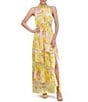 Color:Yellow - Image 4 - Floral Print Chiffon Halter Neck Sleeveless Smocked Waist Asymmetrical Tiered A-Line Maxi Dress