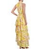 Color:Yellow - Image 5 - Floral Print Chiffon Halter Neck Sleeveless Smocked Waist Asymmetrical Tiered A-Line Maxi Dress