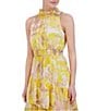 Color:Yellow - Image 6 - Floral Print Chiffon Halter Neck Sleeveless Smocked Waist Asymmetrical Tiered A-Line Maxi Dress